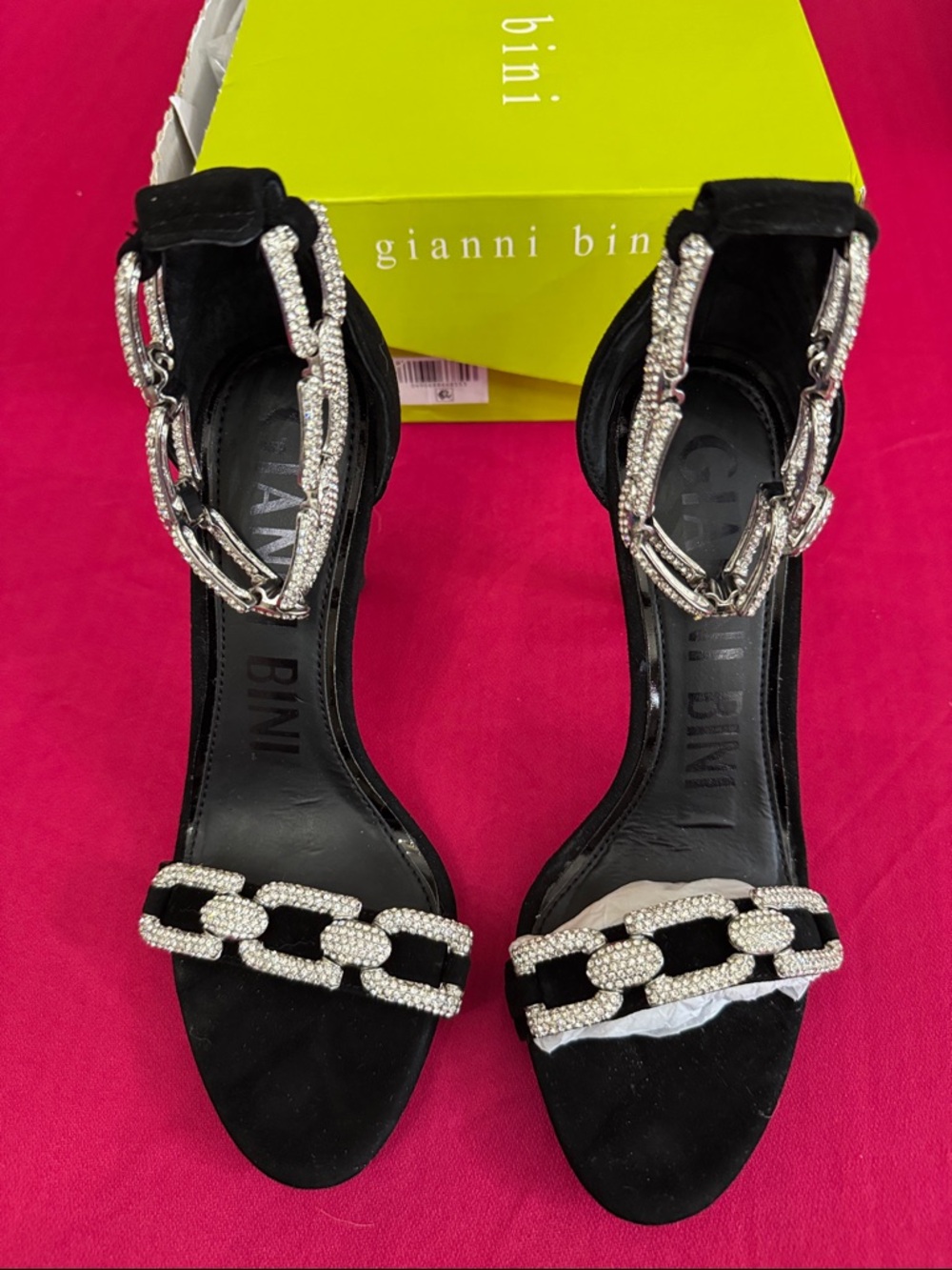 Gianni Bini Black Rhinestone Chain Ankle Strap Heels with box (OLCC)